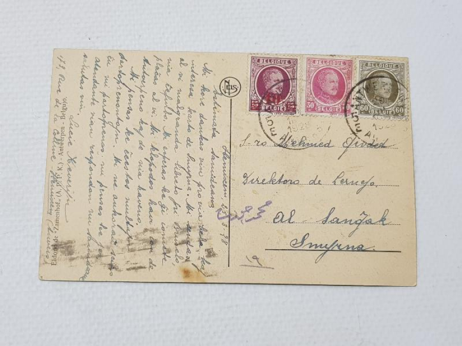 thumbREDDİ İLHAK - 1914 ANTWERP ÇIKIŞ, İZMİR VARIŞLI, DAMGALI VE PULLU KARTPOSTAL